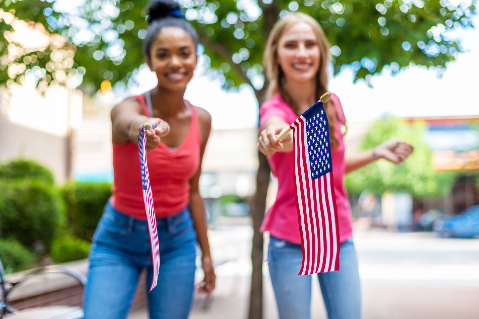 Young Adult Generation Y Patriotic African American and Caucasian Female Friends Multi-Ethnic Group in Western America Small Town Photo series