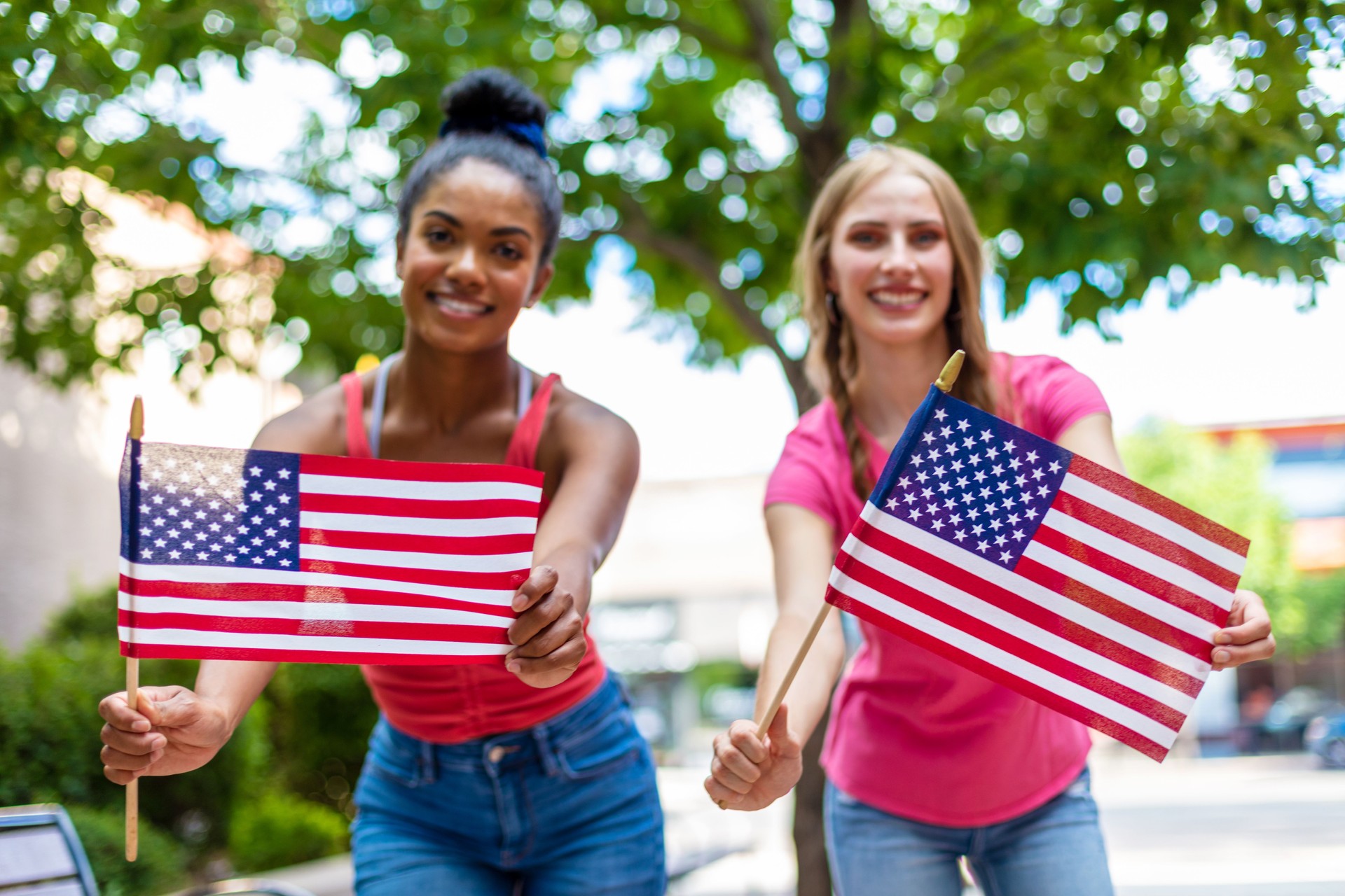 Young Adult Generation Y Patriotic African American and Caucasian Female Friends Multi-Ethnic Group in Western America Small Town Photo series